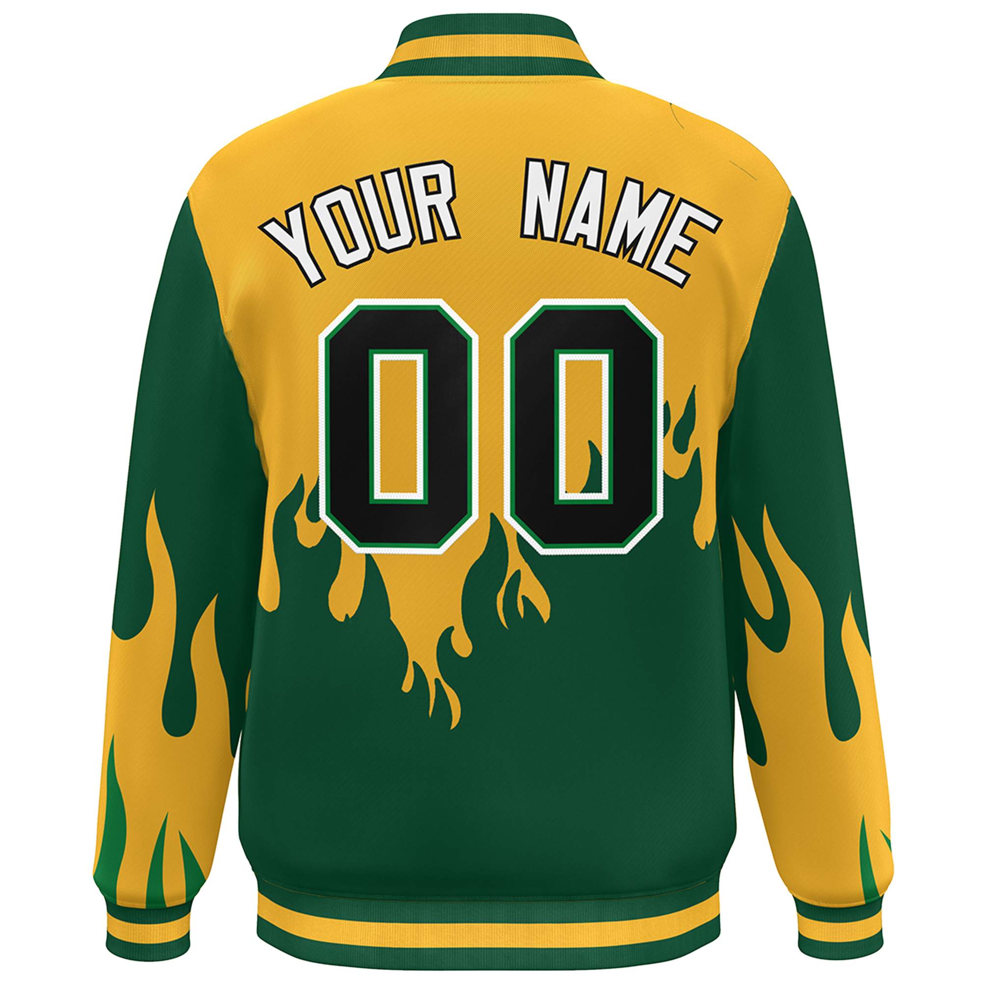 Custom Gold Green-White Flame Graffiti Pattern Bomber Varsity Full-Snap Jacket