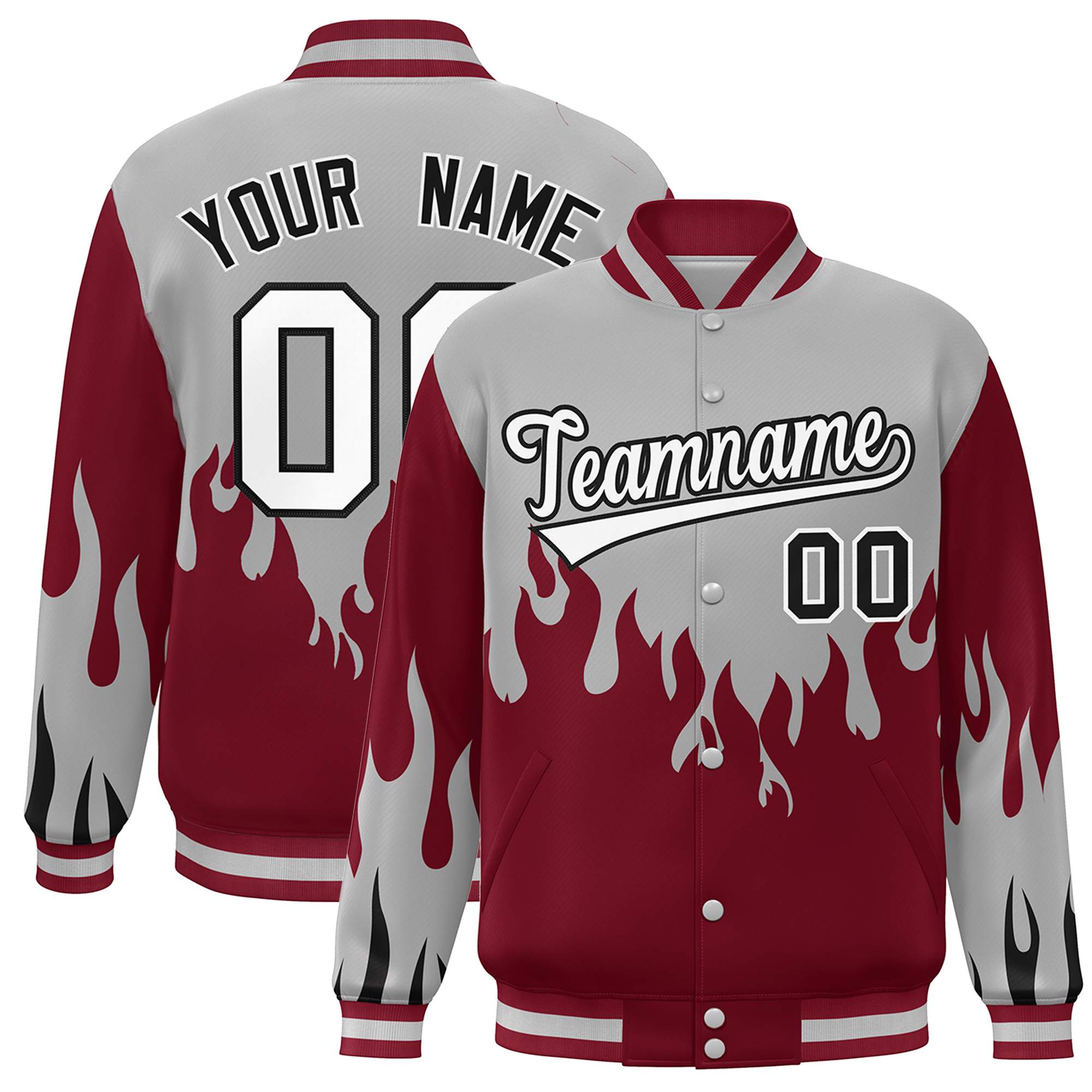 Custom Gray Crimson-White Flame Graffiti Pattern Bomber Varsity Full-Snap Jacket