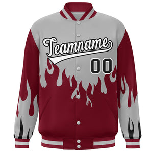 Custom Gray Crimson-White Flame Graffiti Pattern Bomber Varsity Full-Snap Jacket