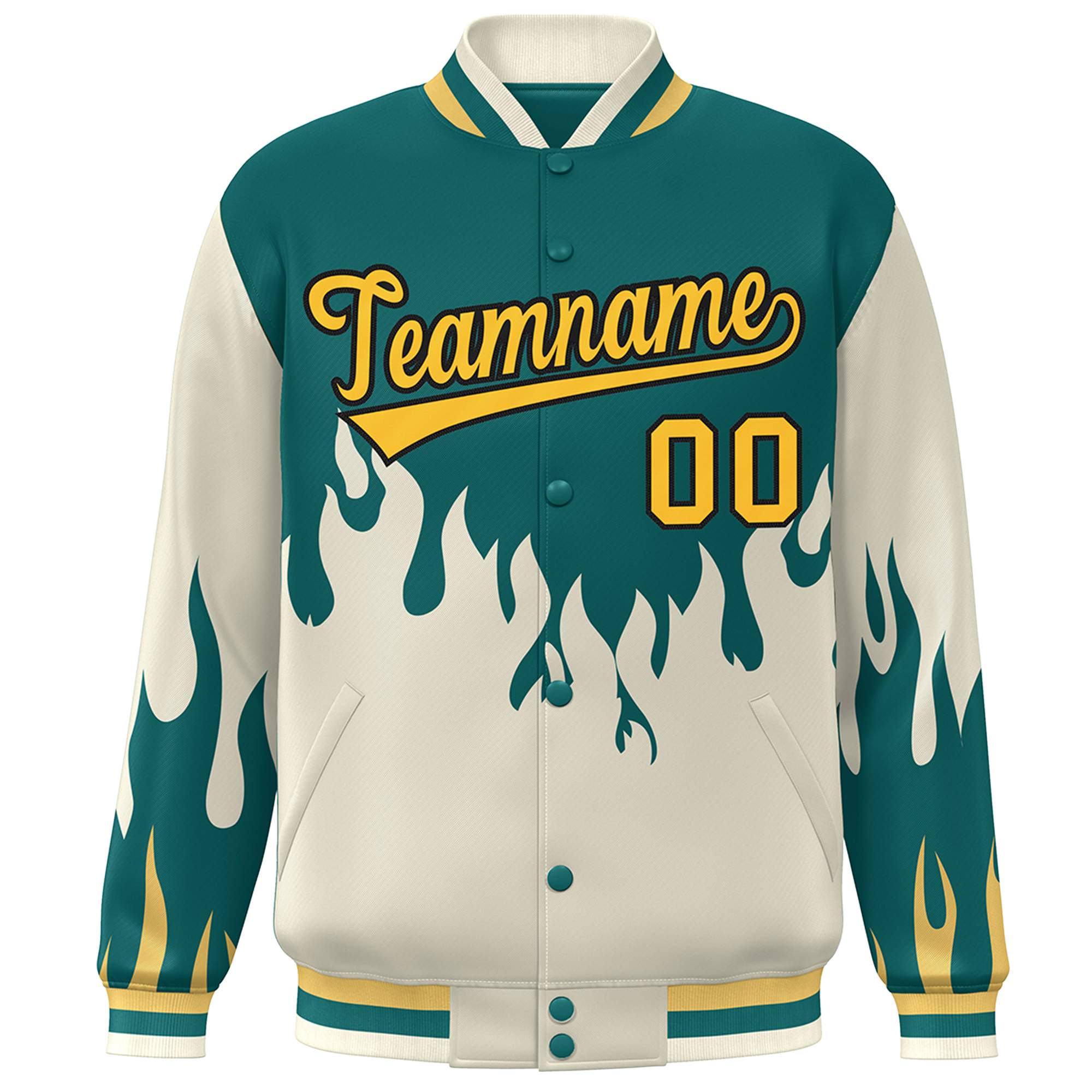 Custom Aqua Cream-Yellow Flame Graffiti Pattern Bomber Varsity Full-Snap Jacket