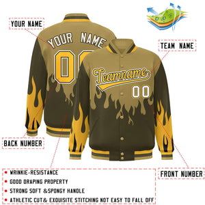 Custom Desert Yellow Olive-Gold Flame Graffiti Pattern Bomber Varsity Full-Snap Jacket