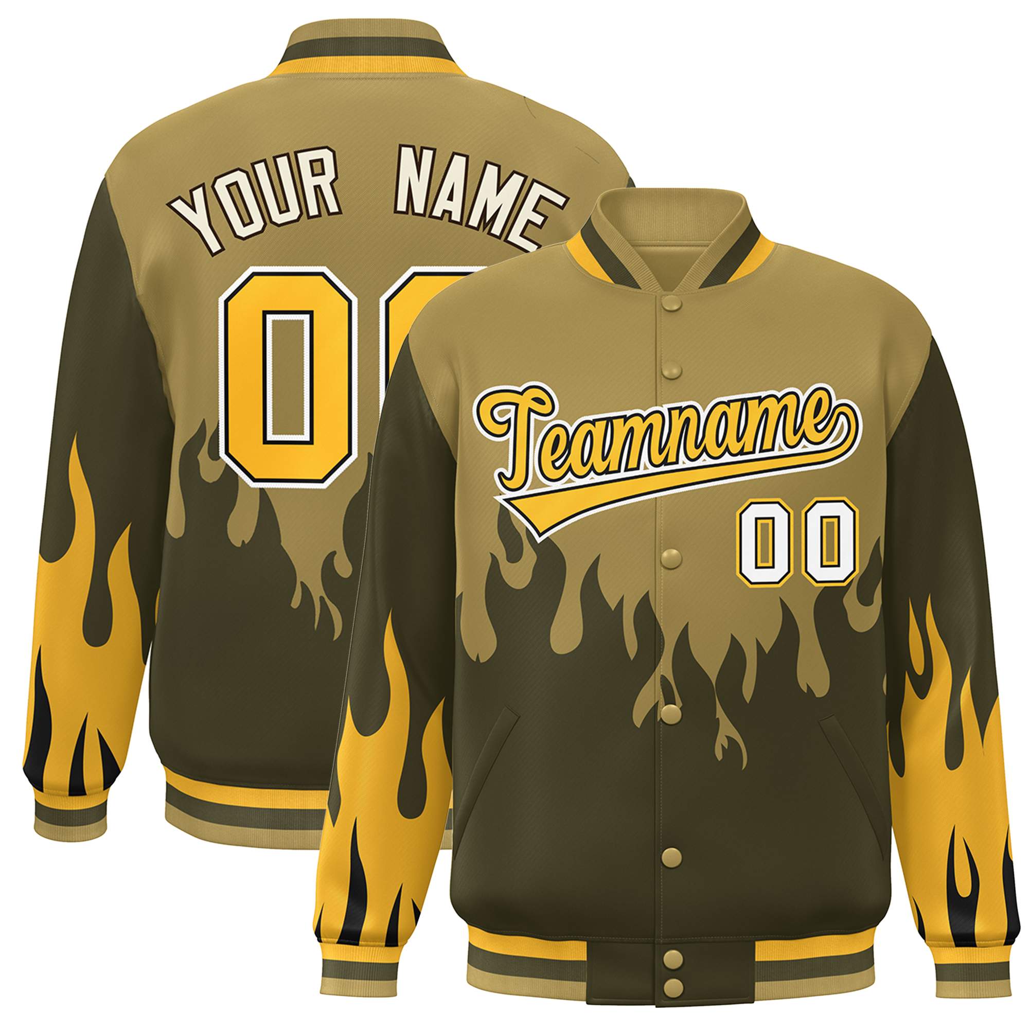 Custom Desert Yellow Olive-Gold Flame Graffiti Pattern Bomber Varsity Full-Snap Jacket