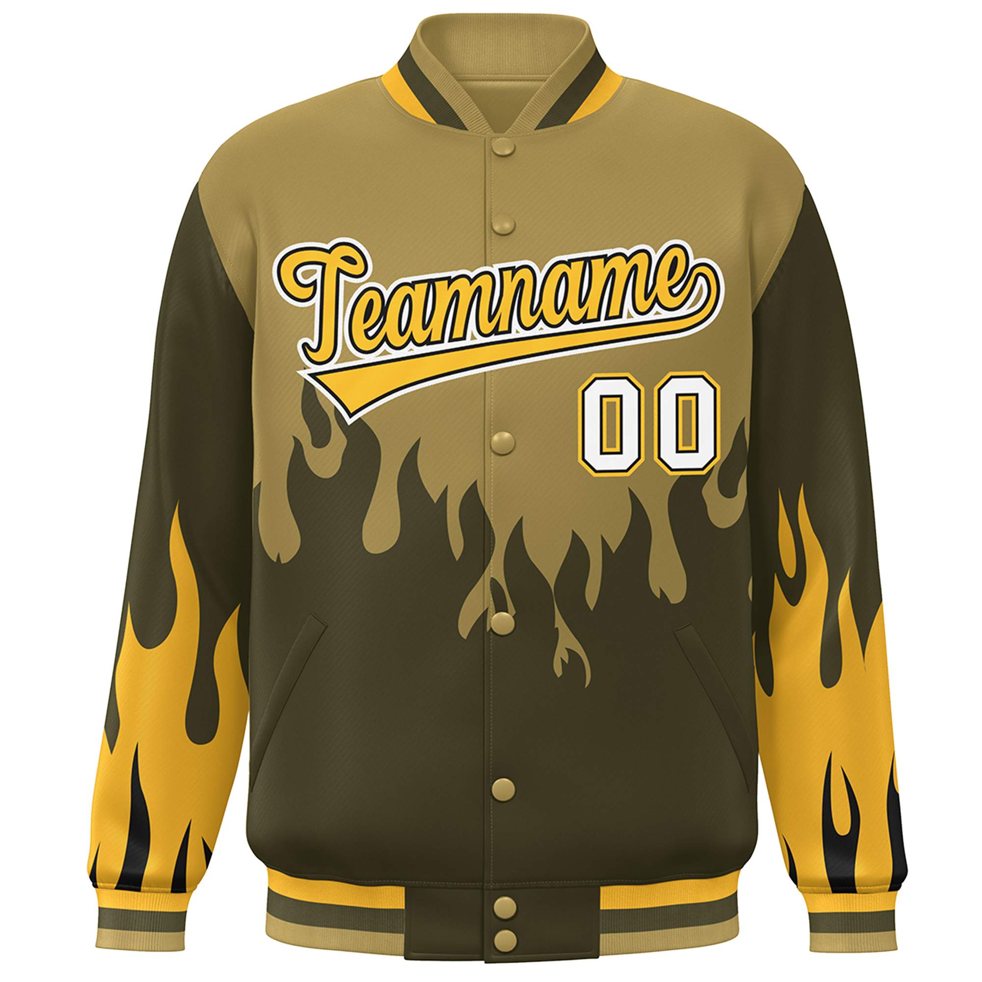 Custom Desert Yellow Olive-Gold Flame Graffiti Pattern Bomber Varsity Full-Snap Jacket