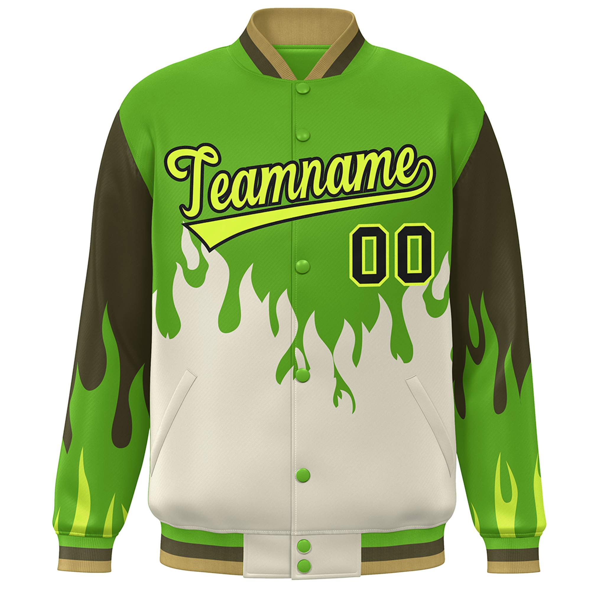 Custom Green Cream Flame Graffiti Pattern Bomber Varsity Full-Snap Jacket