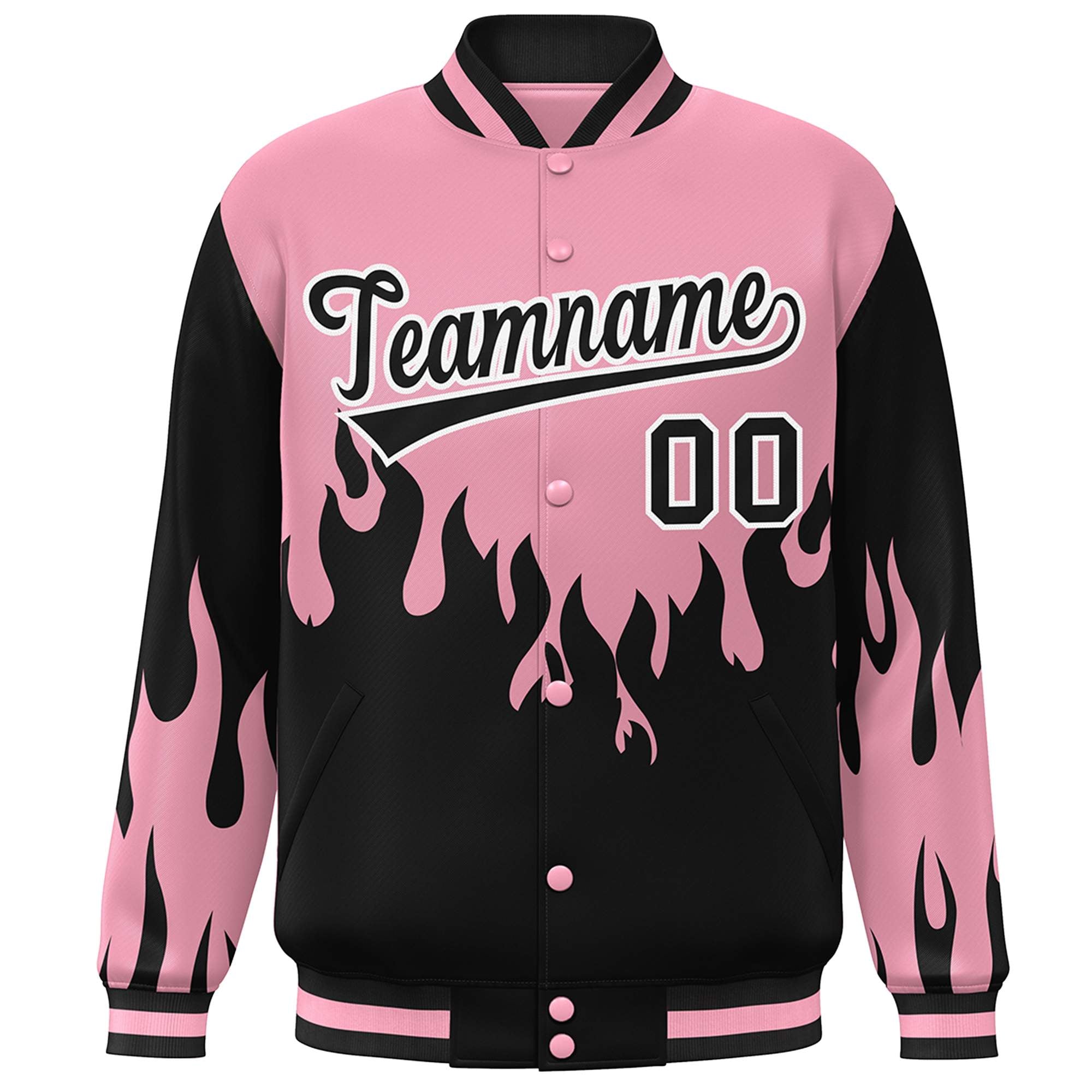 Custom Pink Black Flame Graffiti Pattern Bomber Varsity Full-Snap Jacket