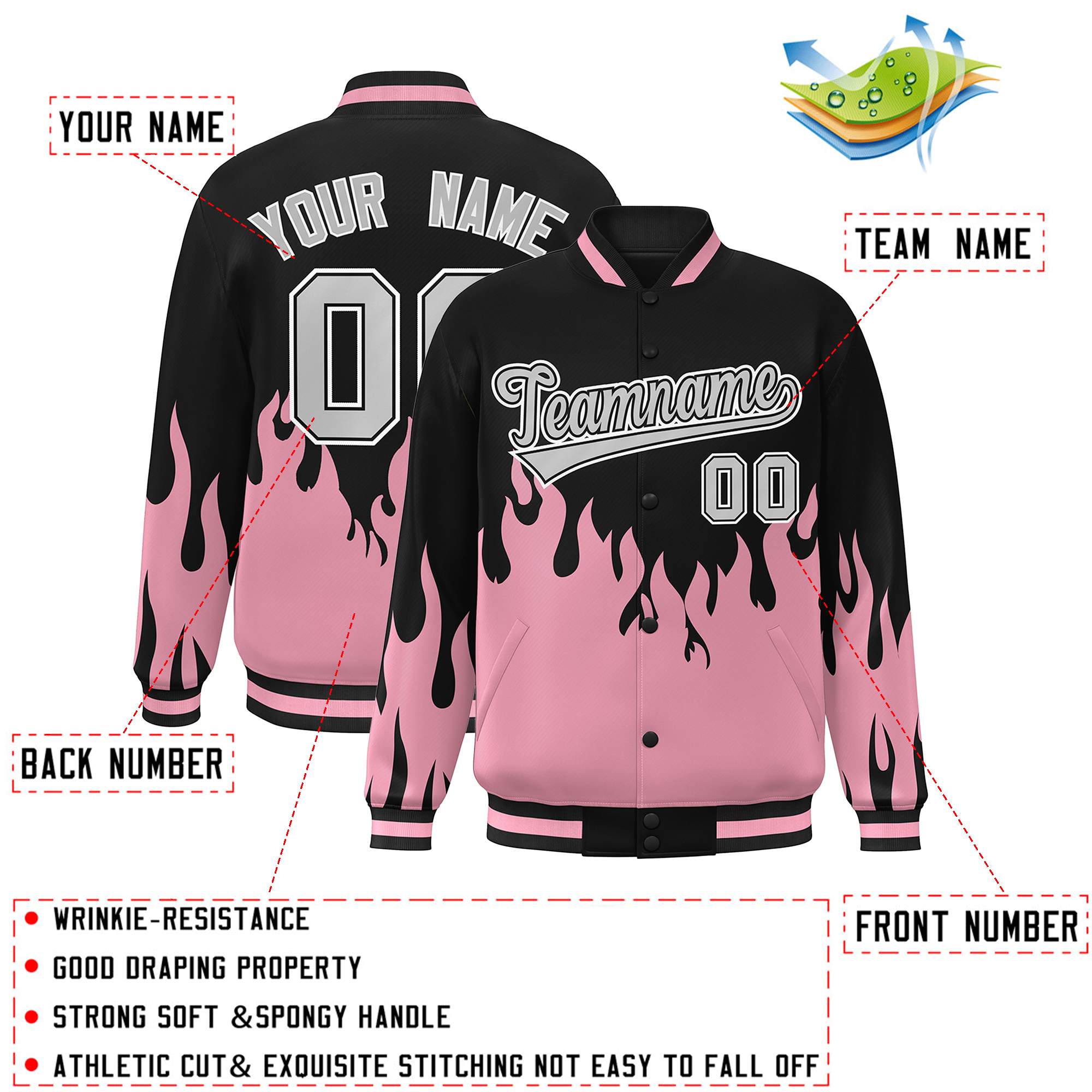 Custom Pink Black-Gray Flame Graffiti Pattern Bomber Varsity Full-Snap Jacket