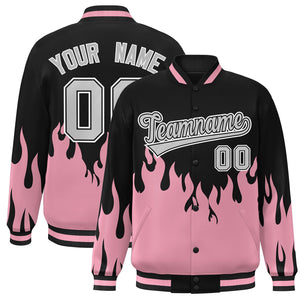 Custom Pink Black-Gray Flame Graffiti Pattern Bomber Varsity Full-Snap Jacket