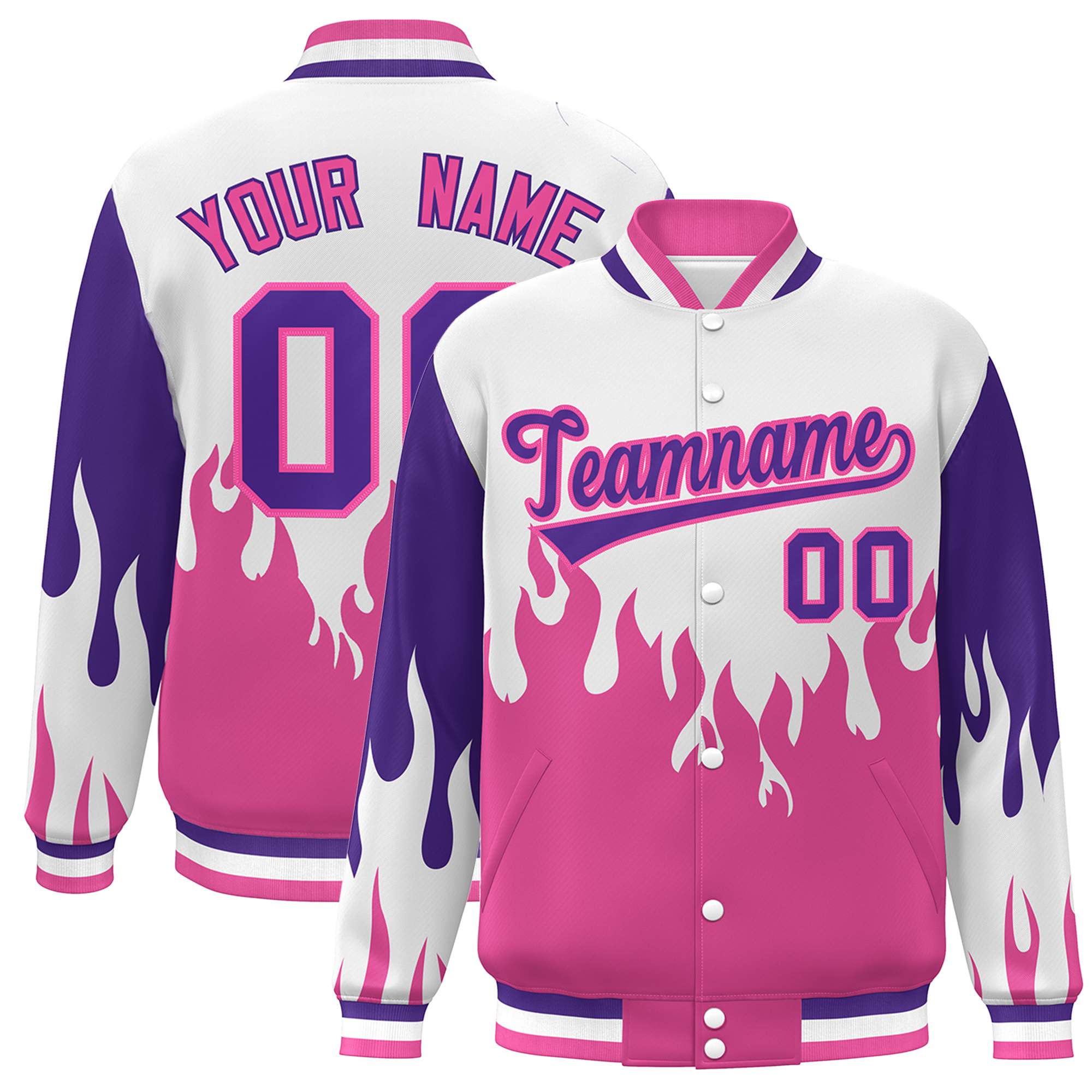 Custom White Pink-Purple Flame Graffiti Pattern Bomber Varsity Full-Snap Jacket