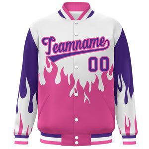 Custom White Pink-Purple Flame Graffiti Pattern Bomber Varsity Full-Snap Jacket