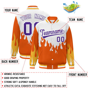 Custom White Orange-Purple Flame Graffiti Pattern Bomber Varsity Full-Snap Jacket