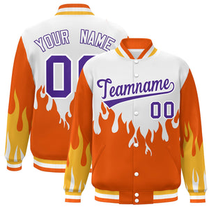 Custom White Orange-Purple Flame Graffiti Pattern Bomber Varsity Full-Snap Jacket