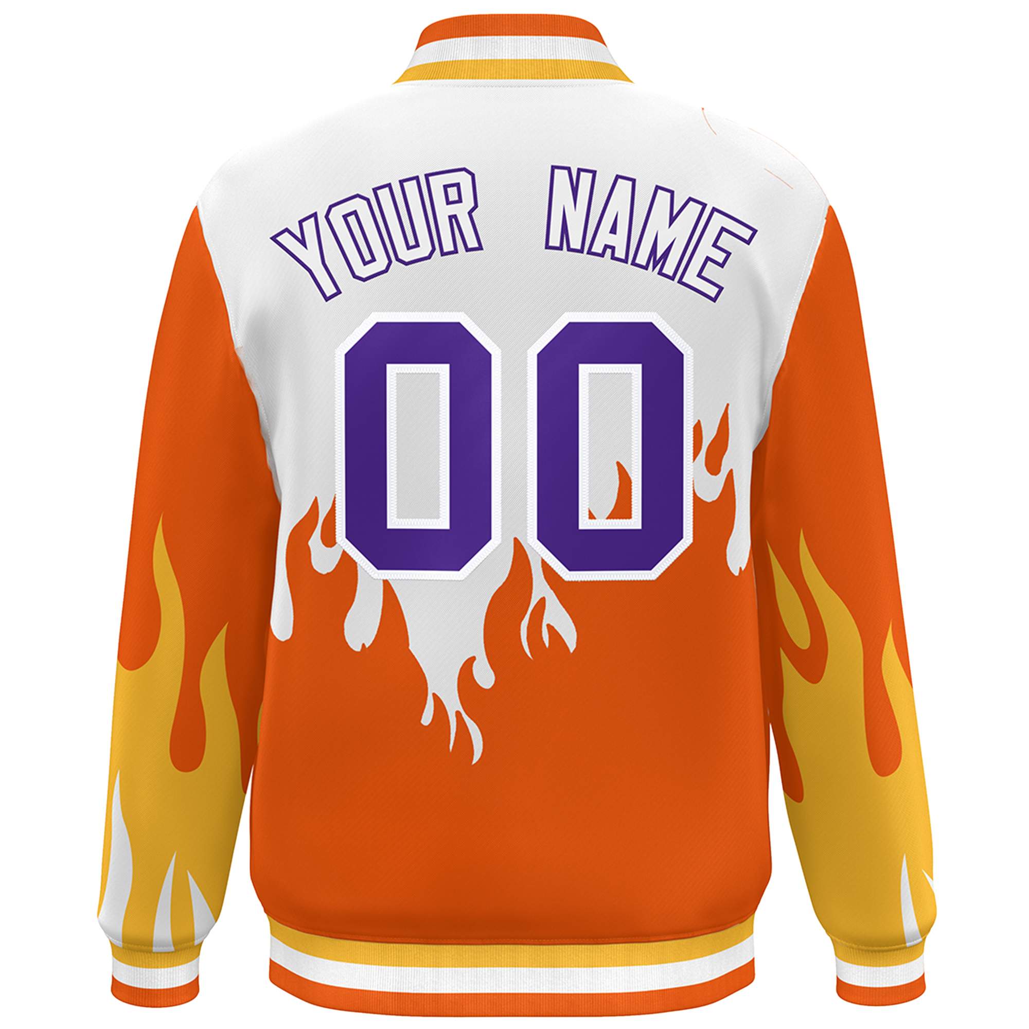 Custom White Orange-Purple Flame Graffiti Pattern Bomber Varsity Full-Snap Jacket