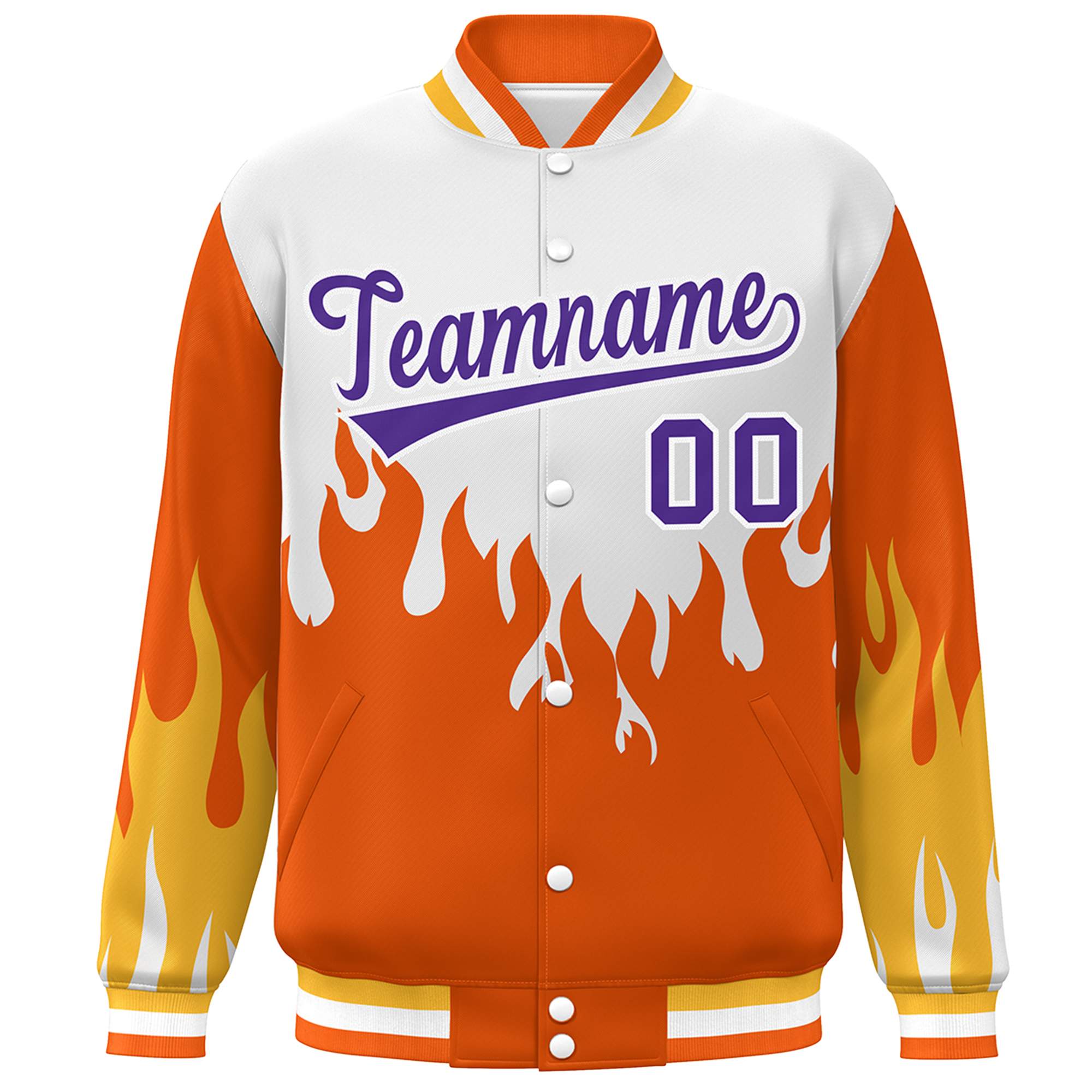 Custom White Orange-Purple Flame Graffiti Pattern Bomber Varsity Full-Snap Jacket