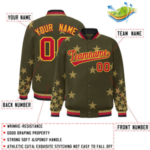 Custom Olive Red-Yellow Star Graffiti Pattern Varsity Full-Snap Bomber Jacket