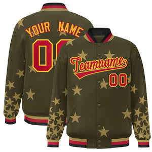 Custom Olive Red-Yellow Star Graffiti Pattern Varsity Full-Snap Bomber Jacket