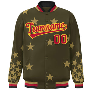 Custom Olive Red-Yellow Star Graffiti Pattern Varsity Full-Snap Bomber Jacket