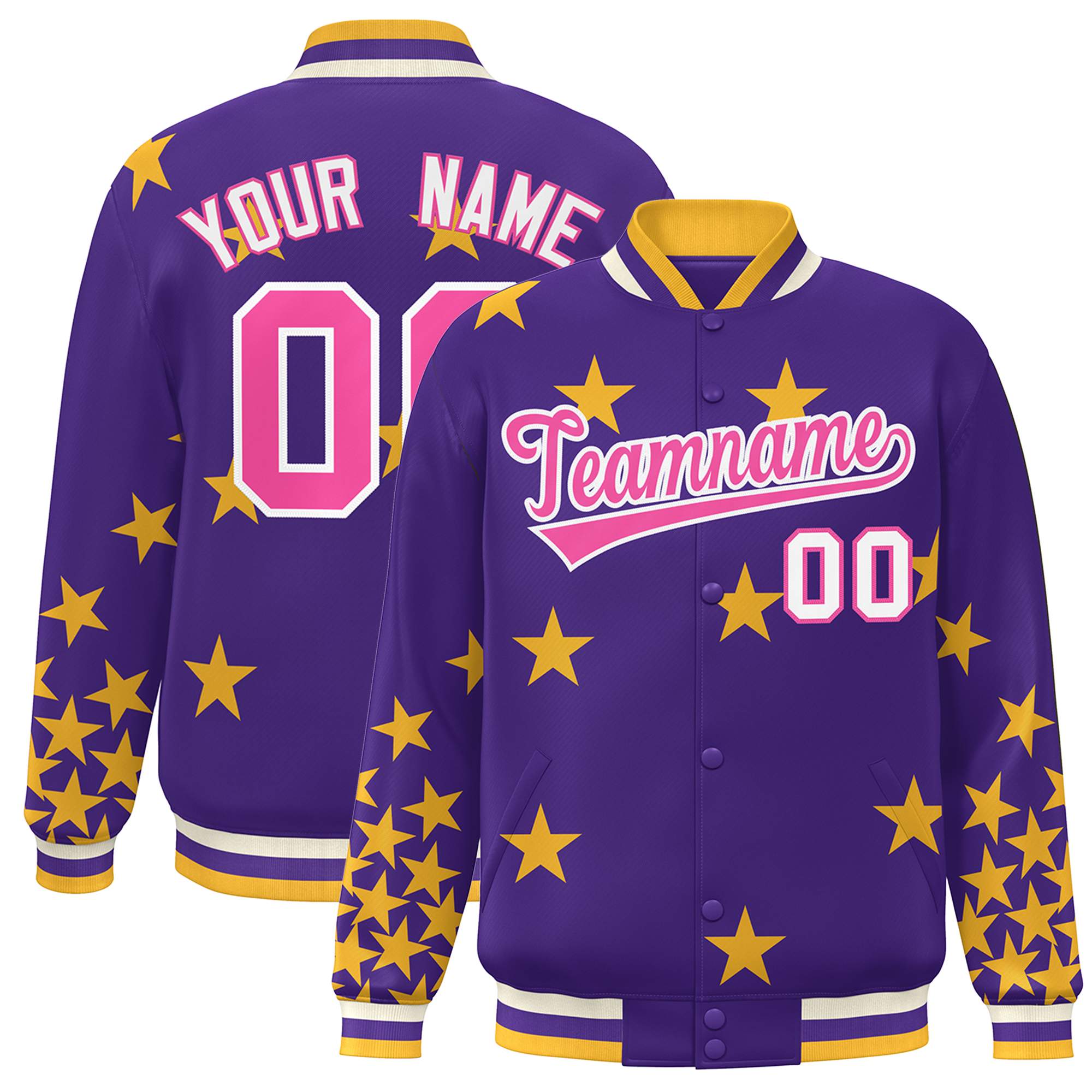 Custom Purple Pink-White Star Graffiti Pattern Varsity Full-Snap Bomber Jacket