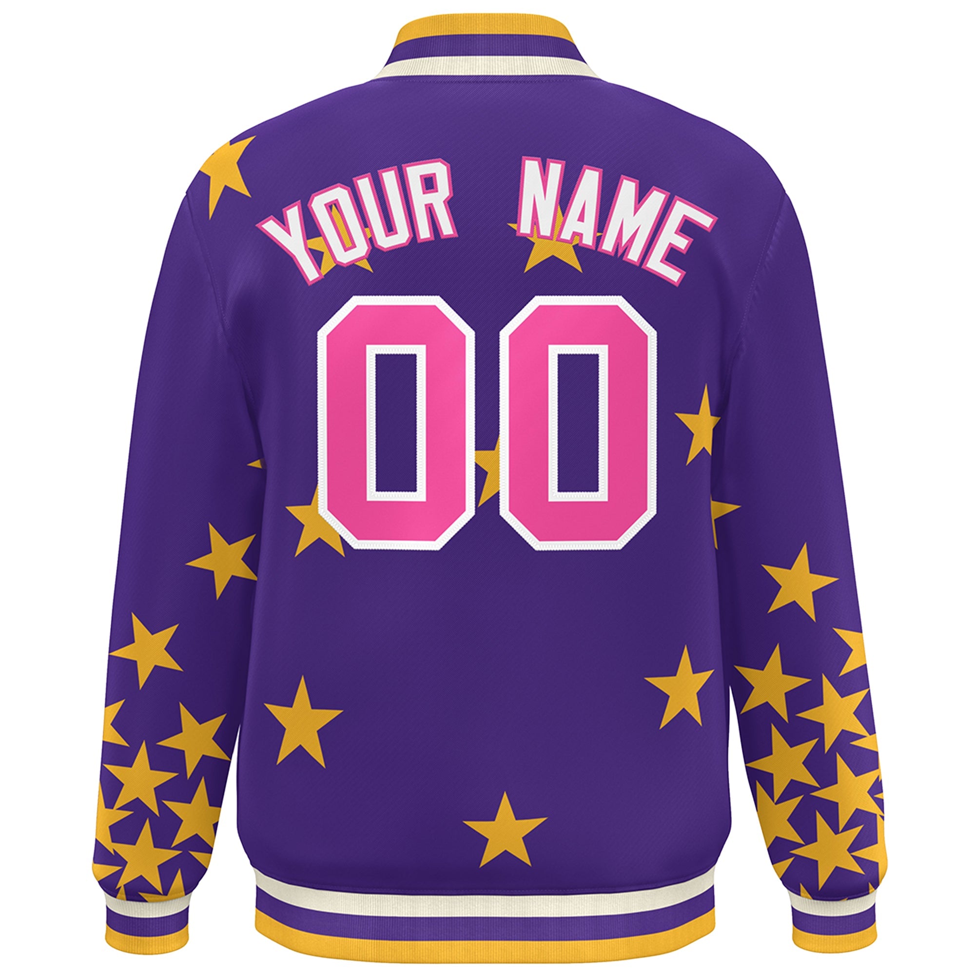 Custom Purple Pink-White Star Graffiti Pattern Varsity Full-Snap Bomber Jacket