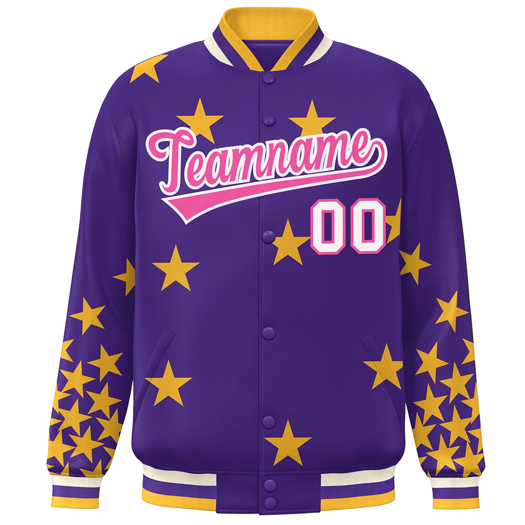 Custom Purple Pink-White Star Graffiti Pattern Varsity Full-Snap Bomber Jacket