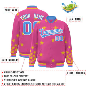 Custom Pink Powder Blue-White Star Graffiti Pattern Varsity Full-Snap Bomber Jacket