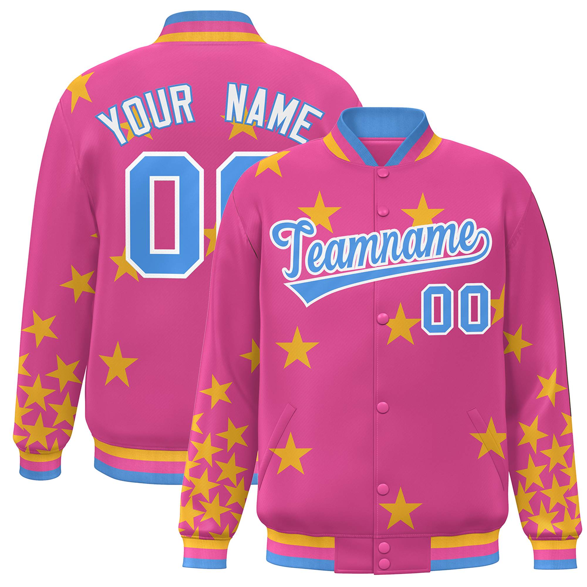 Custom Pink Powder Blue-White Star Graffiti Pattern Varsity Full-Snap Bomber Jacket