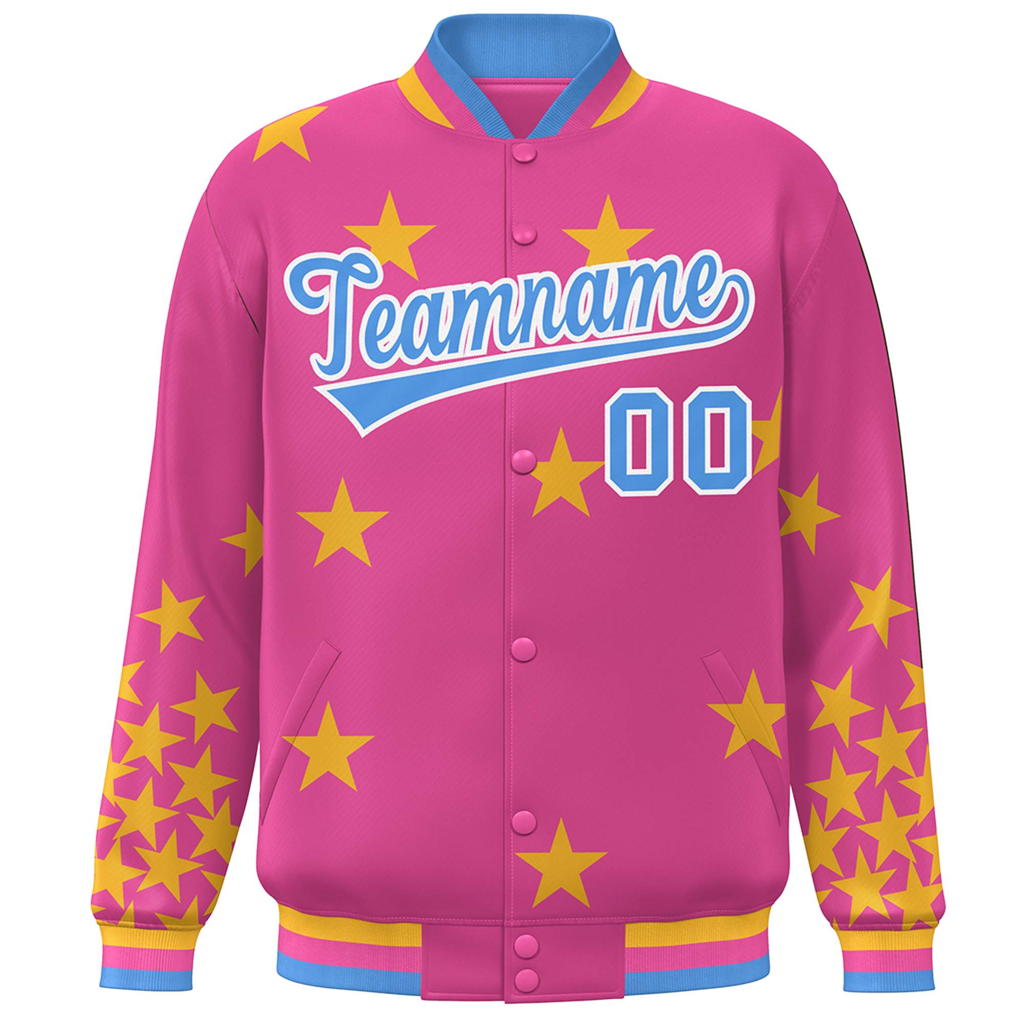 Custom Pink Powder Blue-White Star Graffiti Pattern Varsity Full-Snap Bomber Jacket