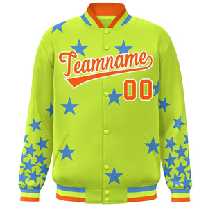 Custom Neon Green Orange-White Star Graffiti Pattern Varsity Full-Snap Bomber Jacket