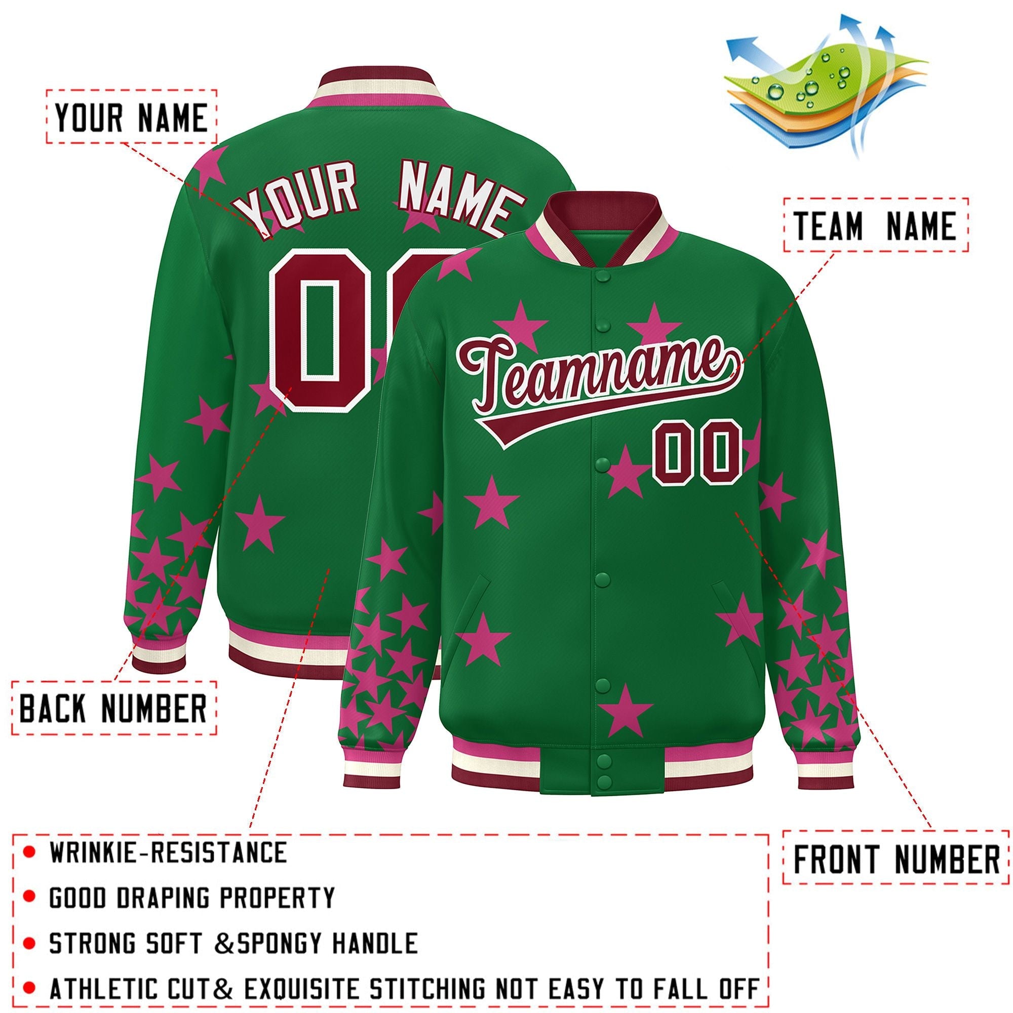 Custom Kelly Green Crimson-White Star Graffiti Pattern Varsity Full-Snap Bomber Jacket