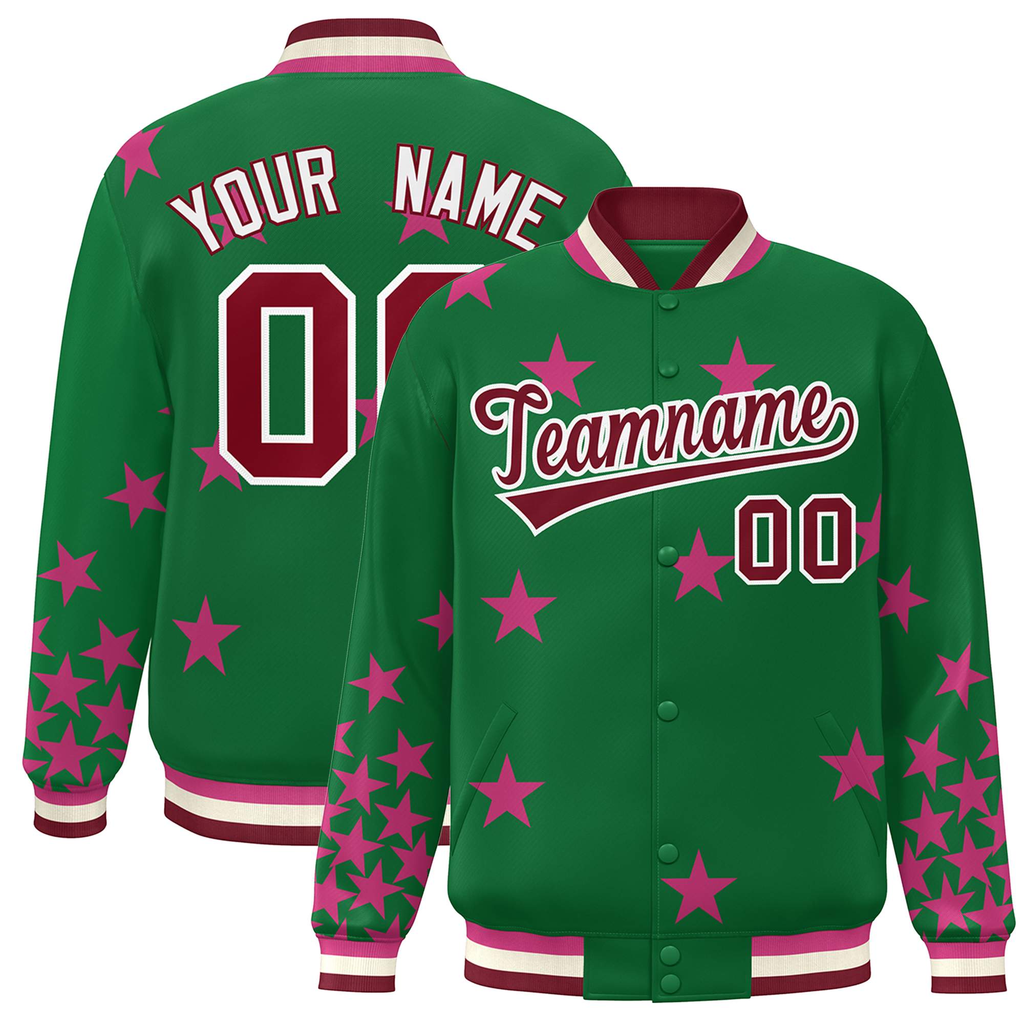 Custom Kelly Green Crimson-White Star Graffiti Pattern Varsity Full-Snap Bomber Jacket