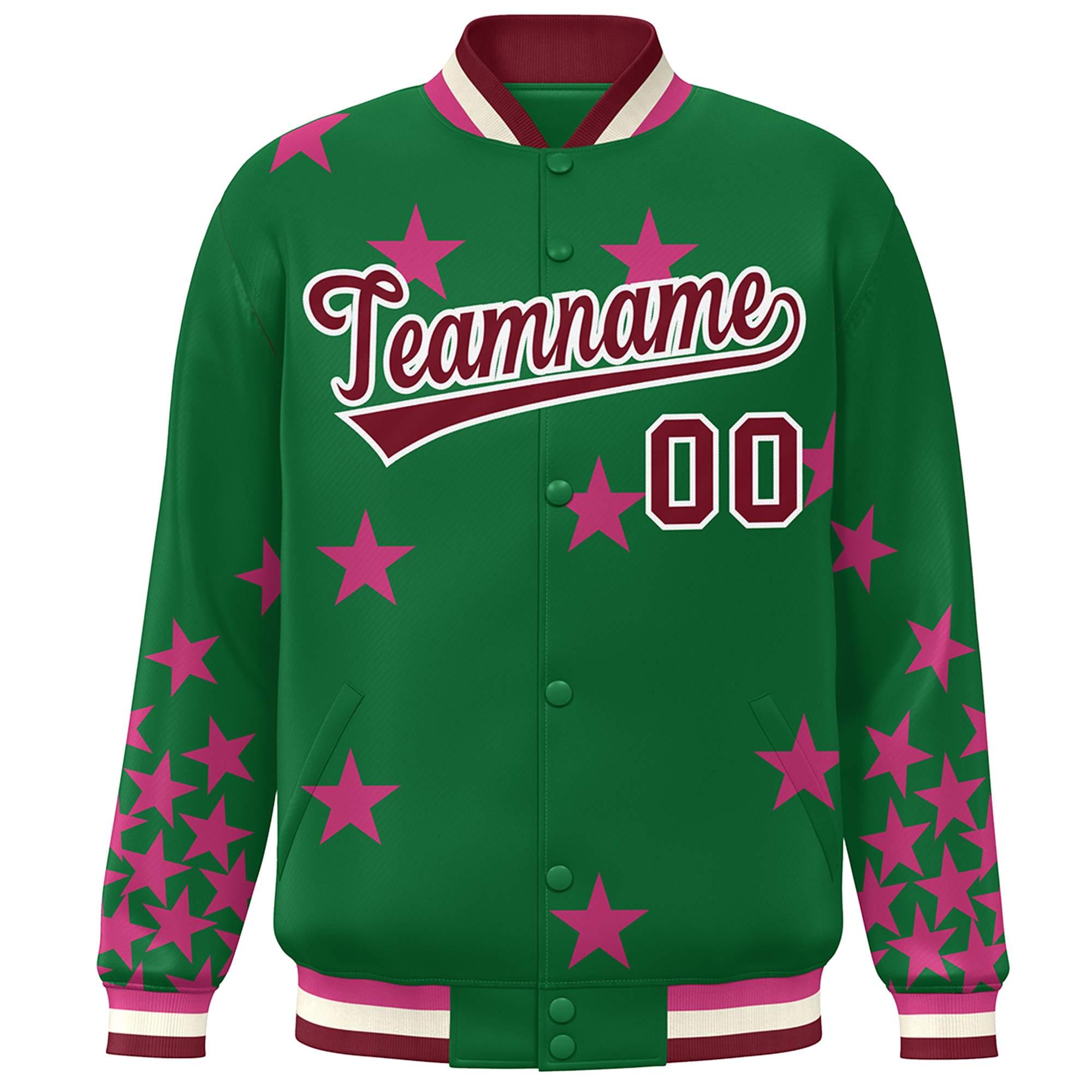 Custom Kelly Green Crimson-White Star Graffiti Pattern Varsity Full-Snap Bomber Jacket