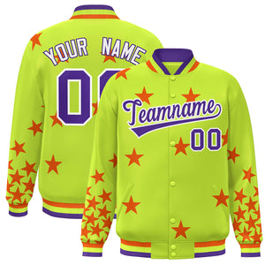 Custom Neon Green Purple-White Star Graffiti Pattern Varsity Full-Snap Bomber Jacket