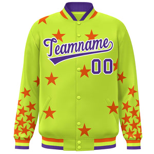 Custom Neon Green Purple-White Star Graffiti Pattern Varsity Full-Snap Bomber Jacket