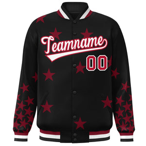 Custom Black White-Red Star Graffiti Pattern Varsity Full-Snap Bomber Jacket