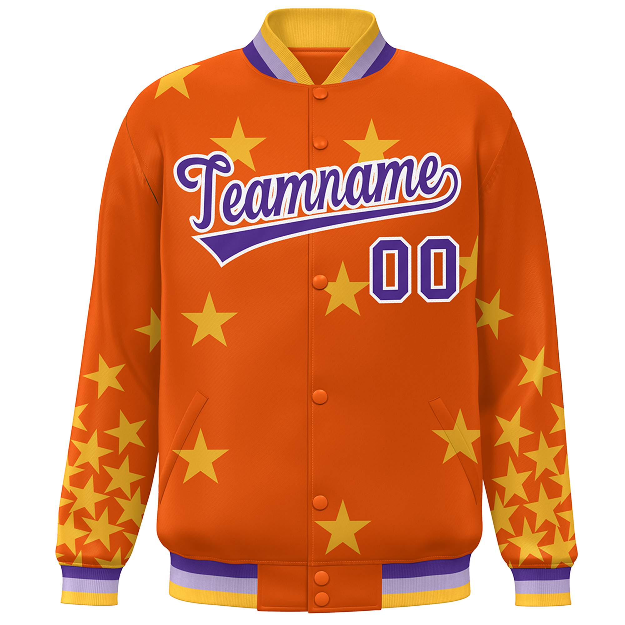 Custom Orange Purple-White Star Graffiti Pattern Varsity Full-Snap Bomber Jacket