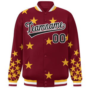 Custom Crimson Black-White Star Graffiti Pattern Varsity Full-Snap Bomber Jacket