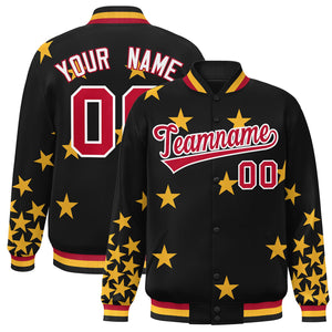 Custom Black Red-White Star Graffiti Pattern Varsity Full-Snap Bomber Jacket