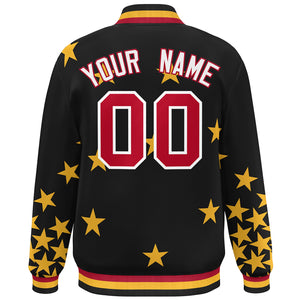 Custom Black Red-White Star Graffiti Pattern Varsity Full-Snap Bomber Jacket