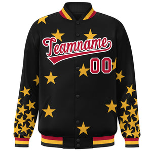 Custom Black Red-White Star Graffiti Pattern Varsity Full-Snap Bomber Jacket