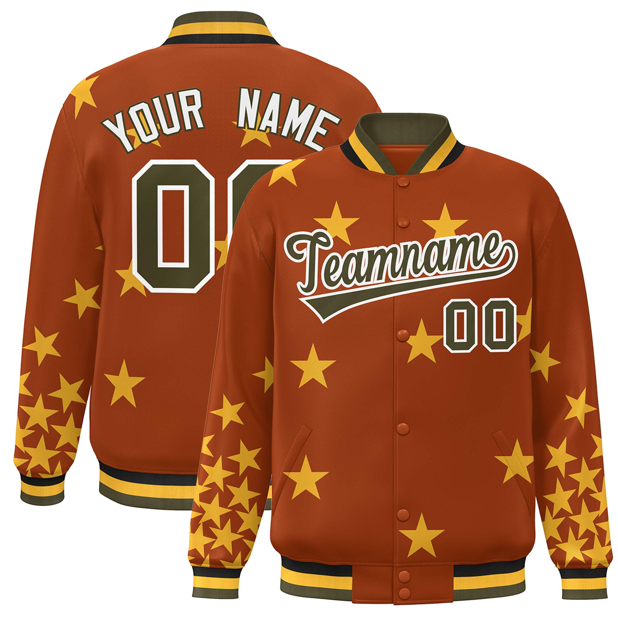 Custom Orange Olive-White Star Graffiti Pattern Varsity Full-Snap Bomber Jacket