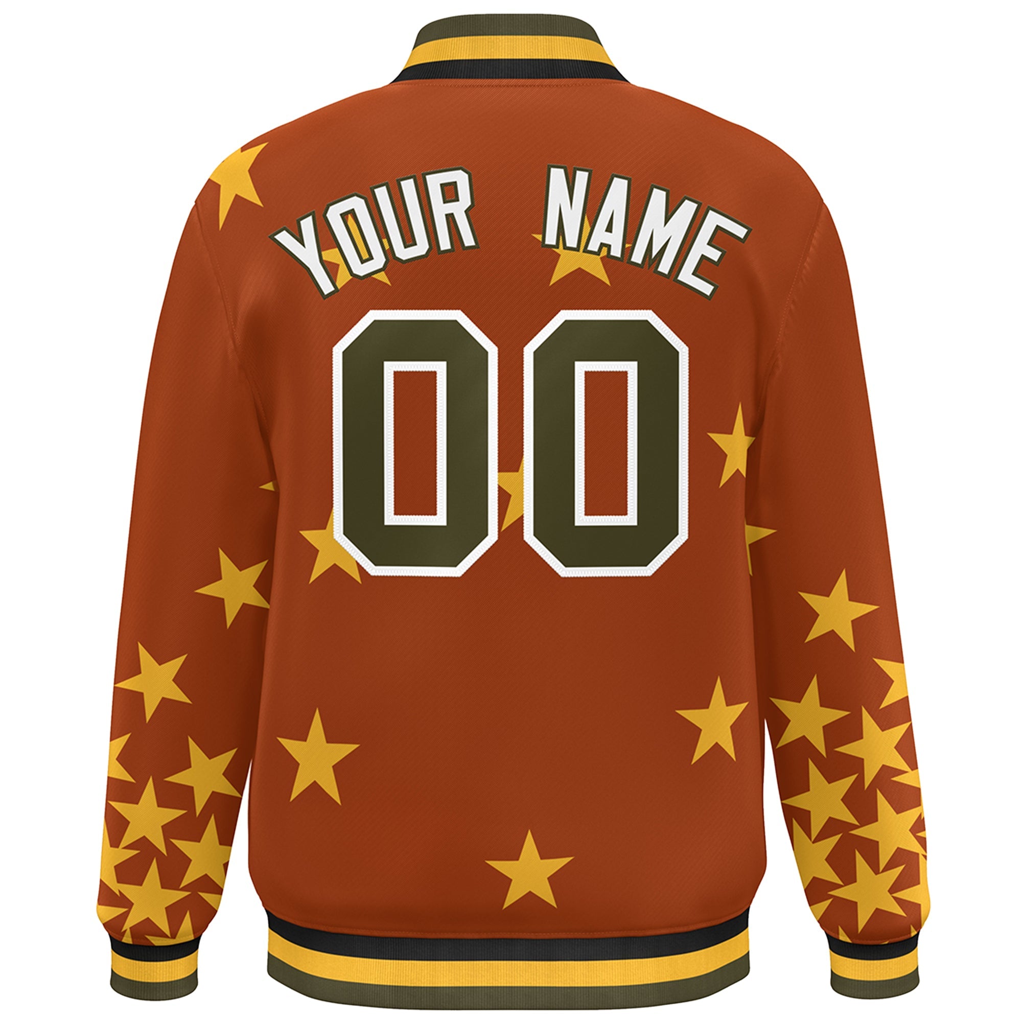 Custom Orange Olive-White Star Graffiti Pattern Varsity Full-Snap Bomber Jacket