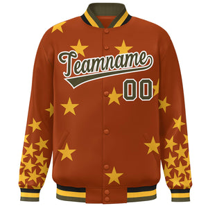 Custom Orange Olive-White Star Graffiti Pattern Varsity Full-Snap Bomber Jacket