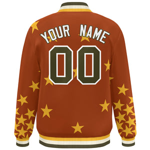 Custom Orange Olive-White Star Graffiti Pattern Varsity Full-Snap Bomber Jacket