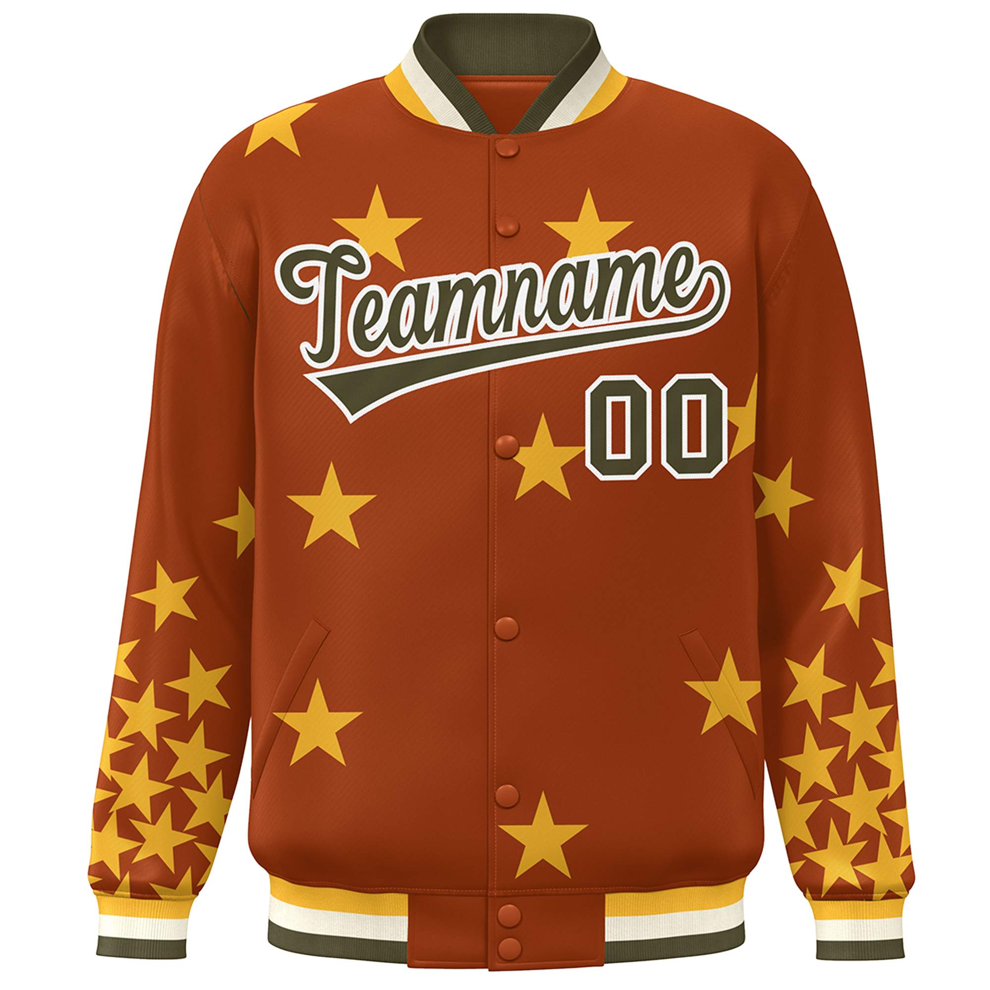 Custom Orange Olive-White Star Graffiti Pattern Varsity Full-Snap Bomber Jacket