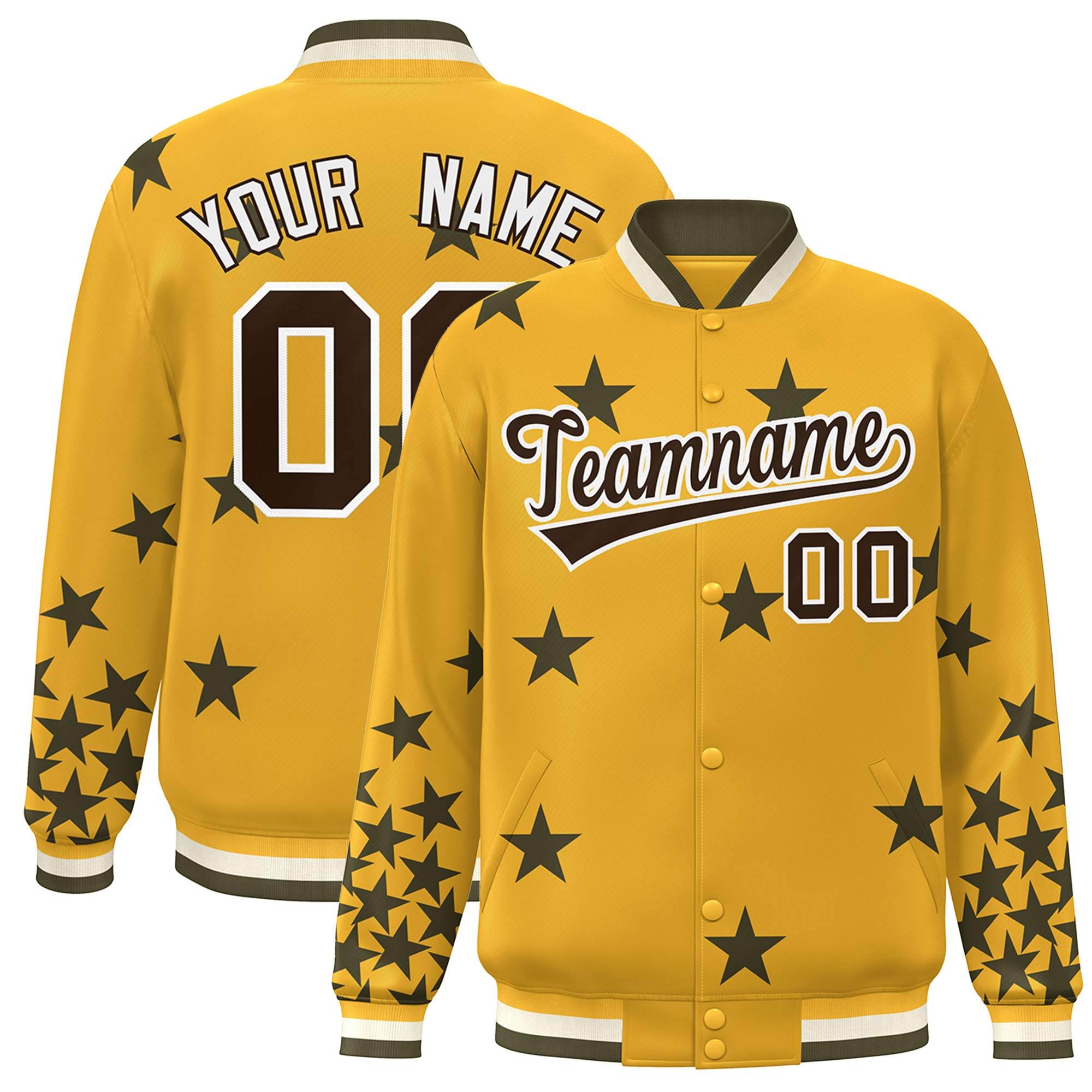 Custom Gold Black-White Star Graffiti Pattern Varsity Full-Snap Bomber Jacket