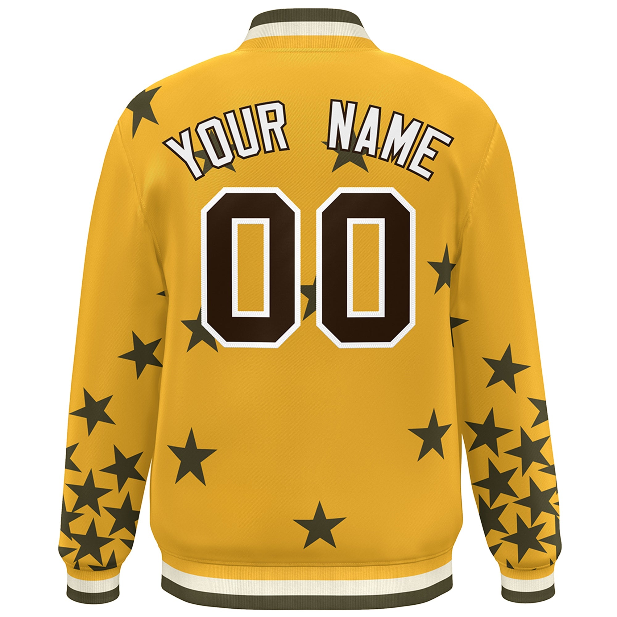 Custom Gold Black-White Star Graffiti Pattern Varsity Full-Snap Bomber Jacket