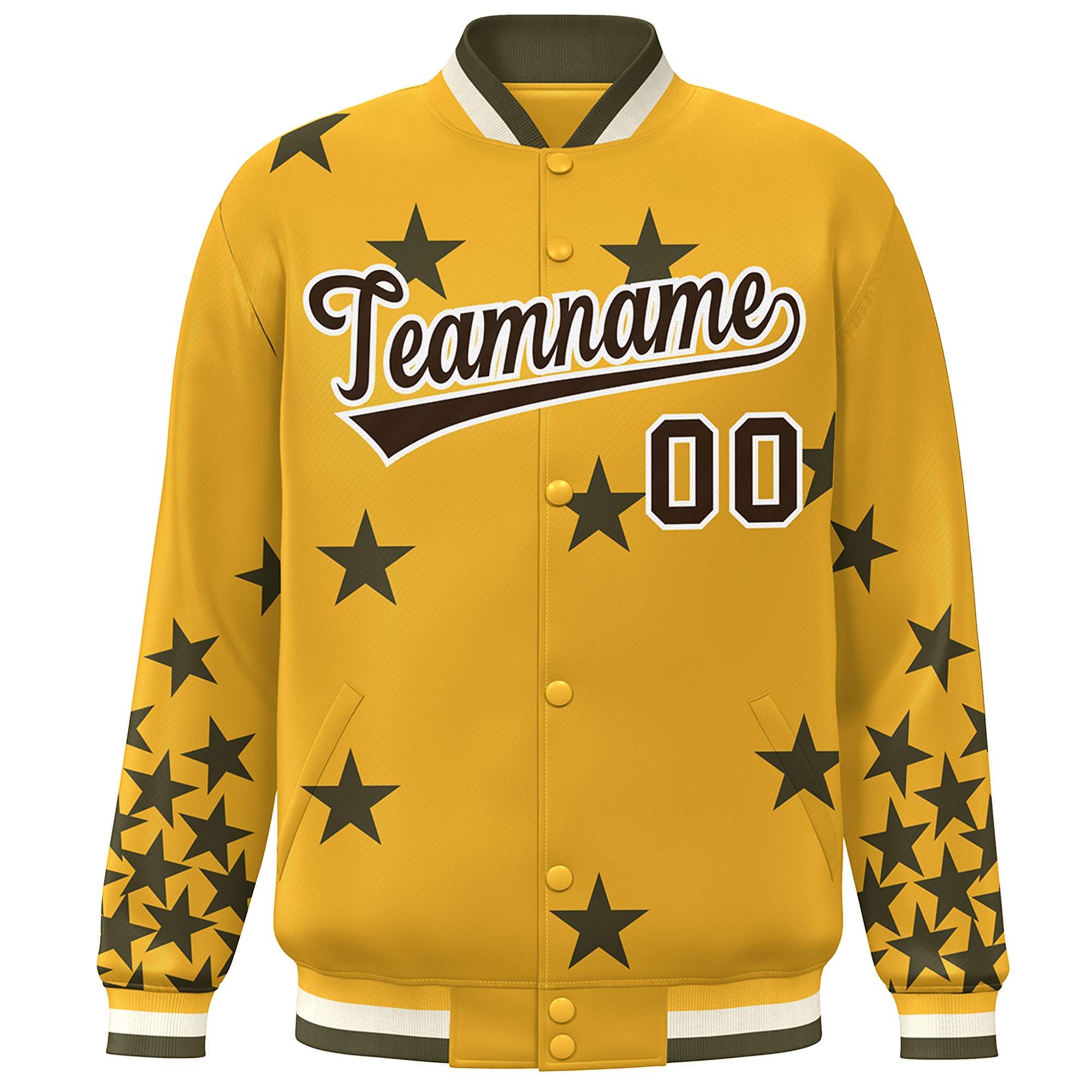 Custom Gold Black-White Star Graffiti Pattern Varsity Full-Snap Bomber Jacket