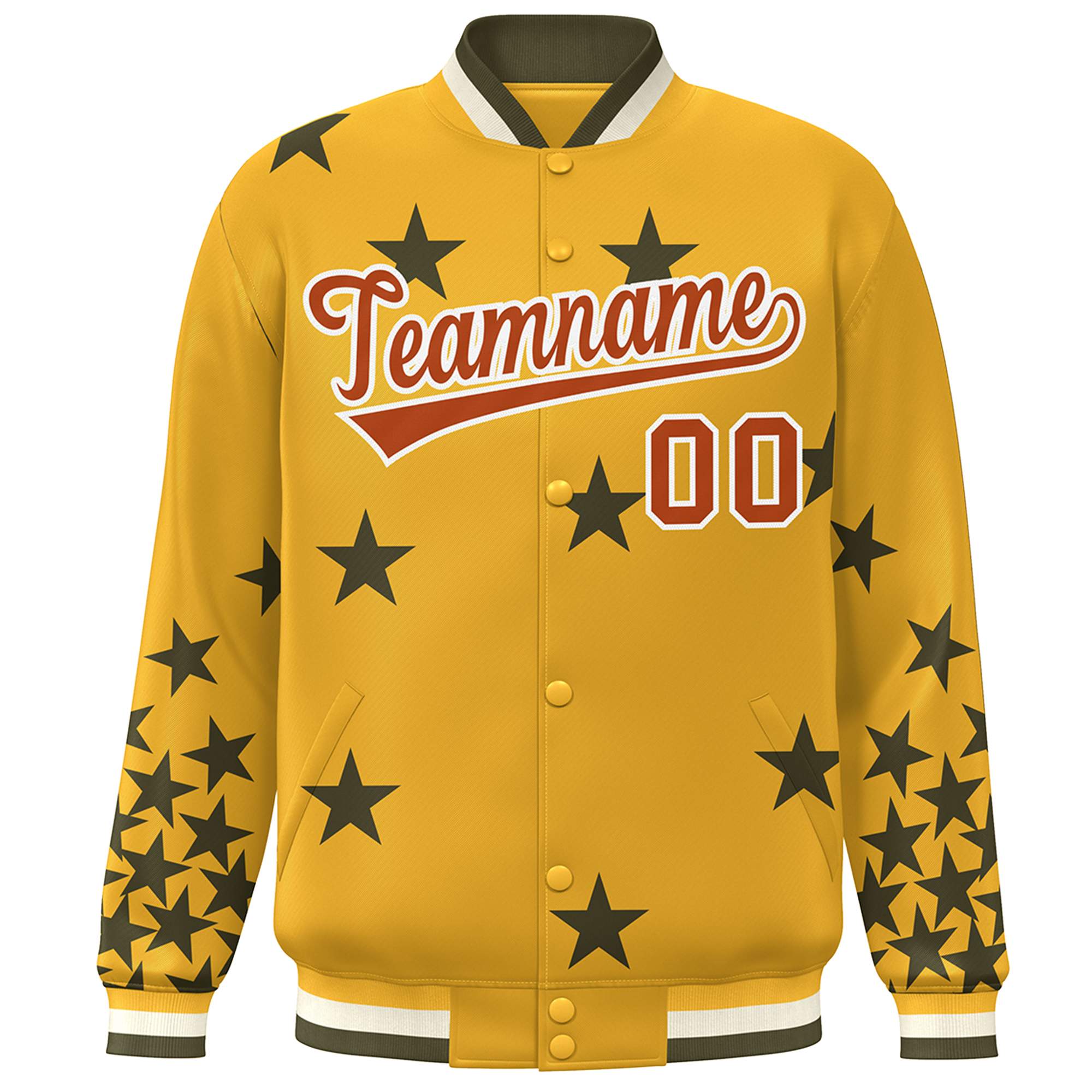 Custom Gold Brown-White Star Graffiti Pattern Varsity Full-Snap Bomber Jacket