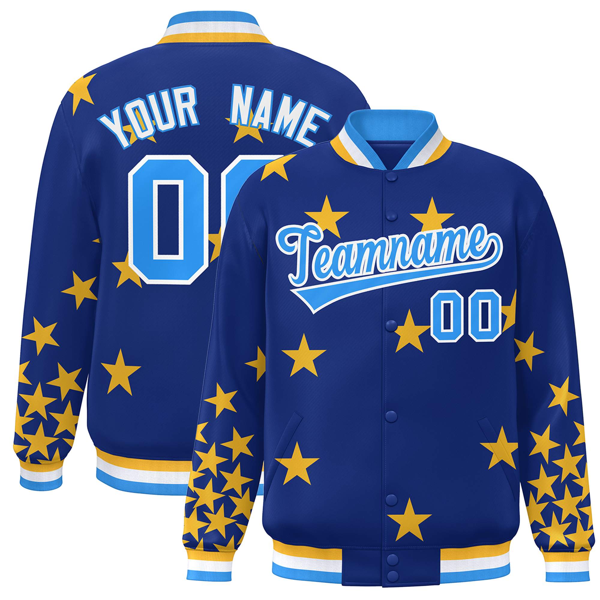 Custom Royal Powder Blue-White Star Graffiti Pattern Varsity Full-Snap Bomber Jacket