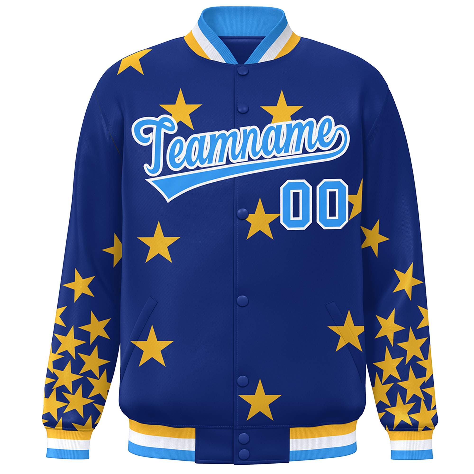 Custom Royal Powder Blue-White Star Graffiti Pattern Varsity Full-Snap Bomber Jacket