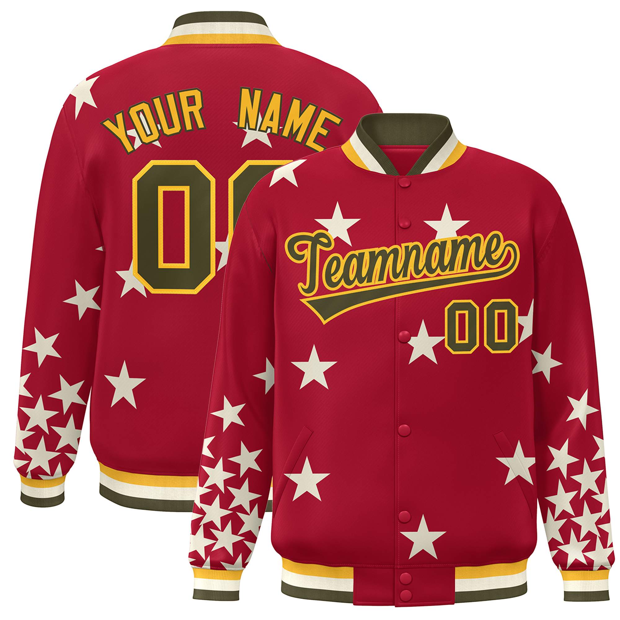 Custom Red Olive-Yellow Star Graffiti Pattern Varsity Full-Snap Bomber Jacket